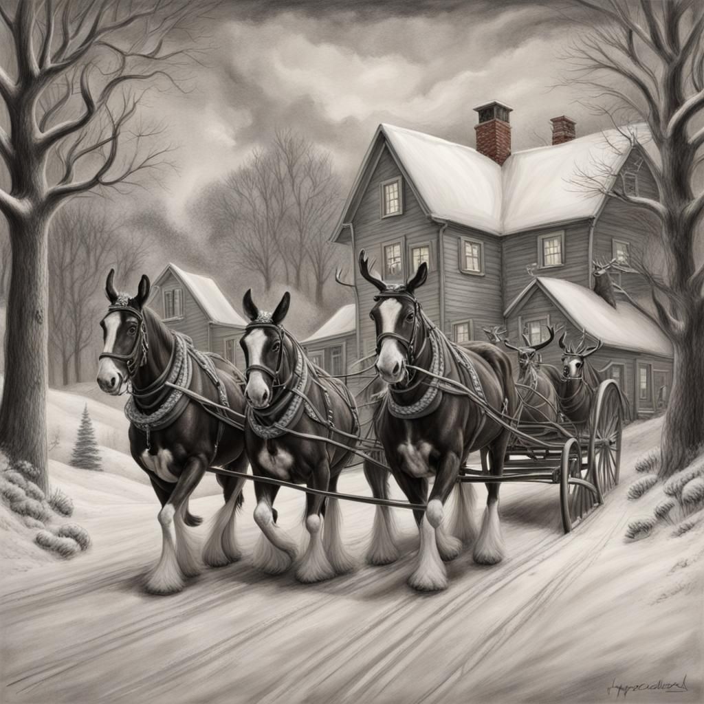 Clydesdales Pulling Santa's Sleigh in Charcoal