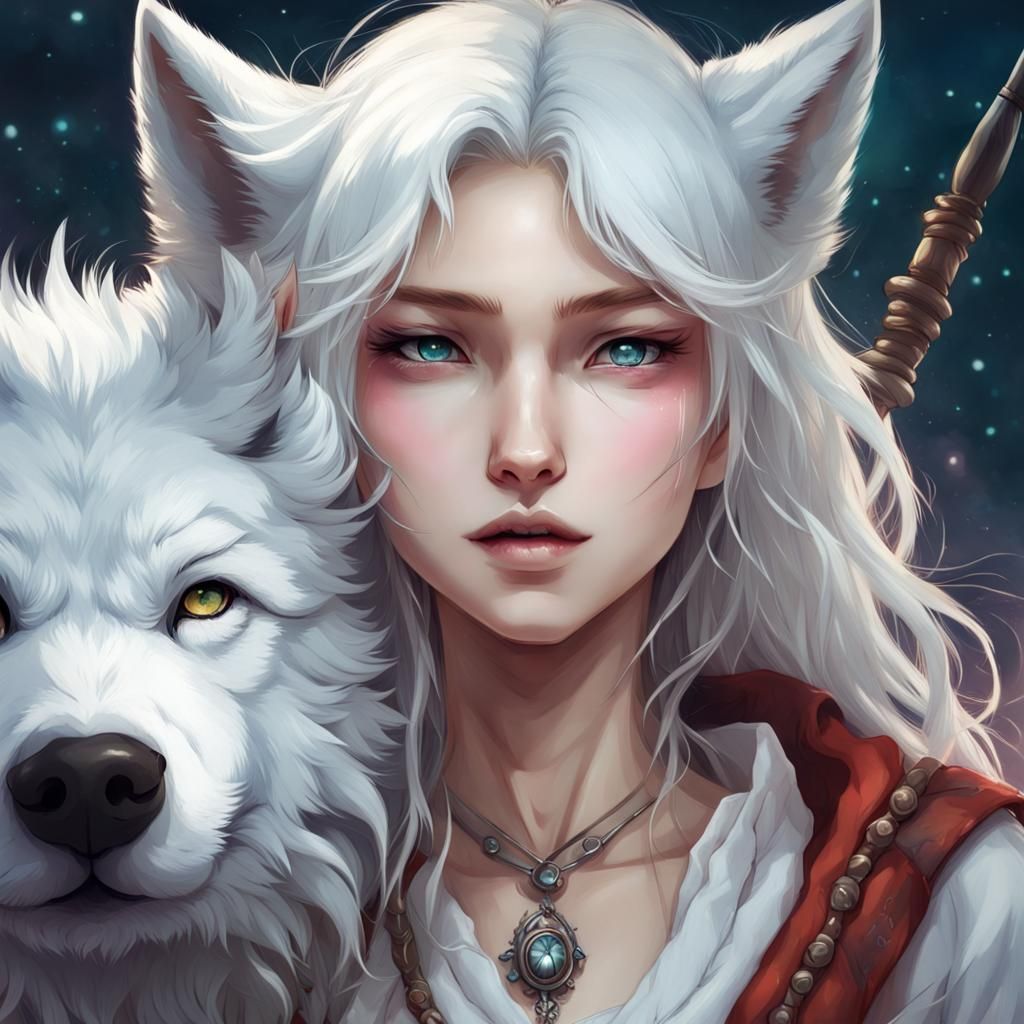 Anime Girl with White Wolf Fantasy Art