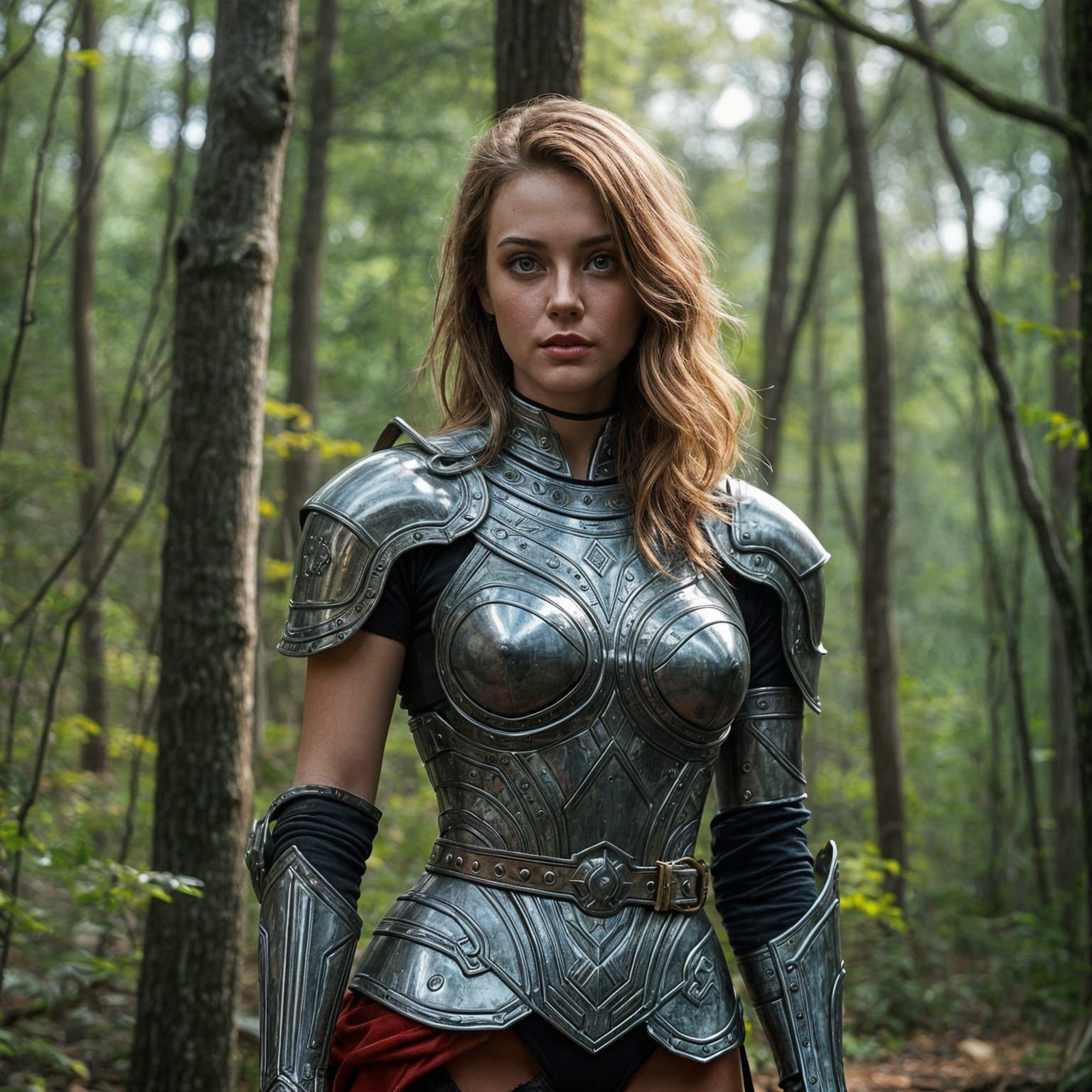 Woman in Metal Armor in Forest