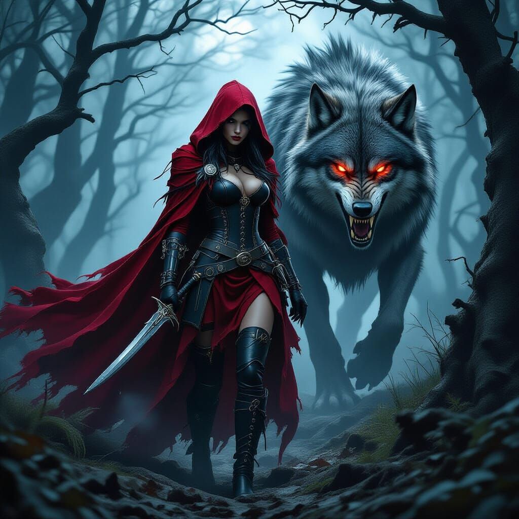 Fierce Red Riding Hood in Dark Fantasy Style