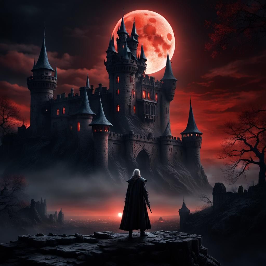 Vampire Hunts Under the Blood Moon: Digital Painting