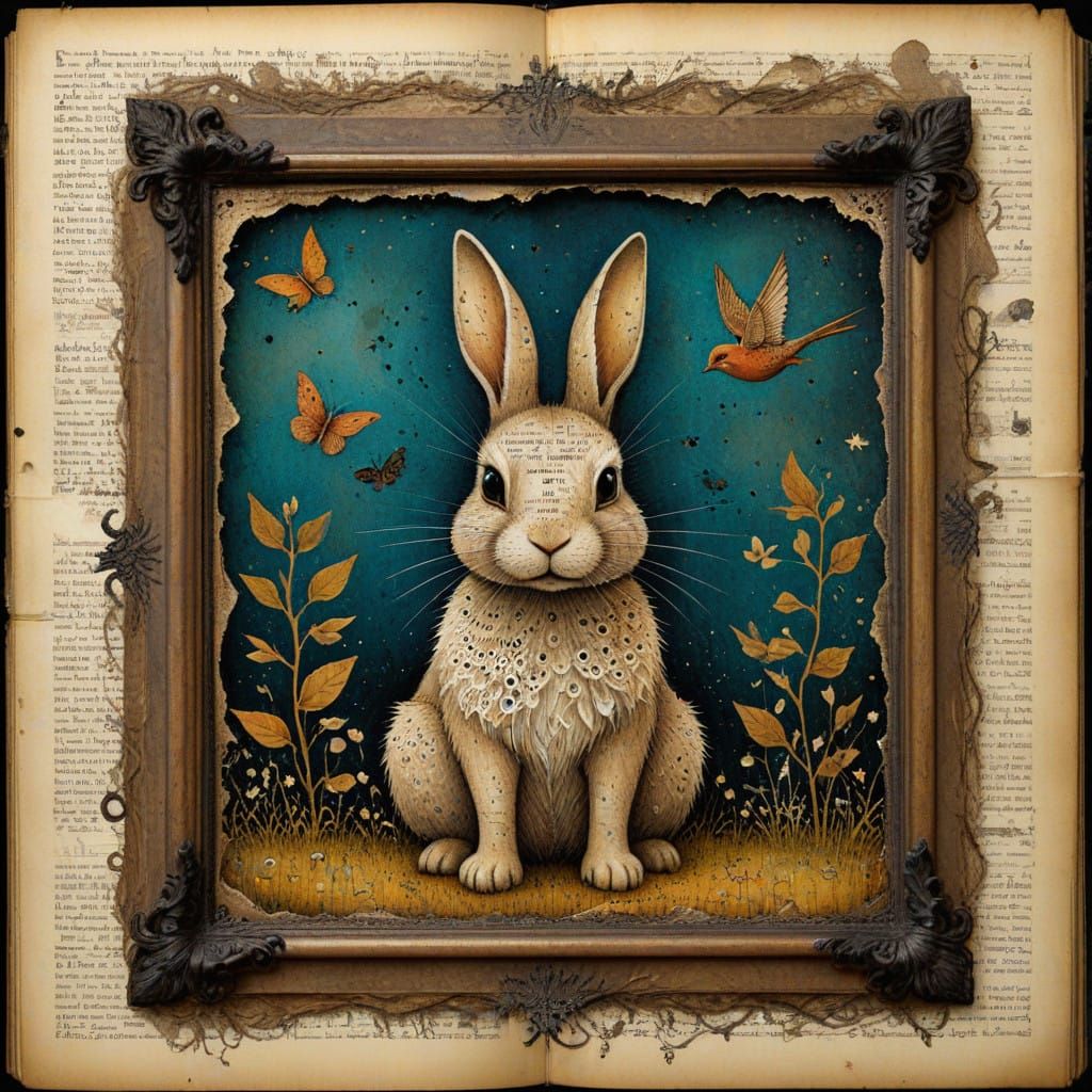 Vintage Whimsy: A Rabbit and Bird on Antique Paper