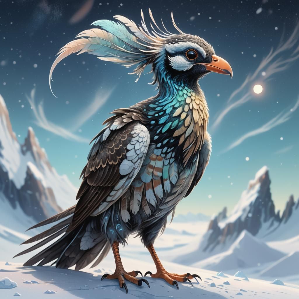 Alien Archaeopteryx on Snowy Exoplanet in Neoclassical Style