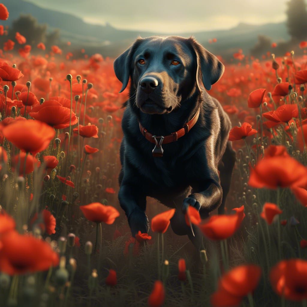 Surreal Labrador Runs in Enchanting Poppies Field