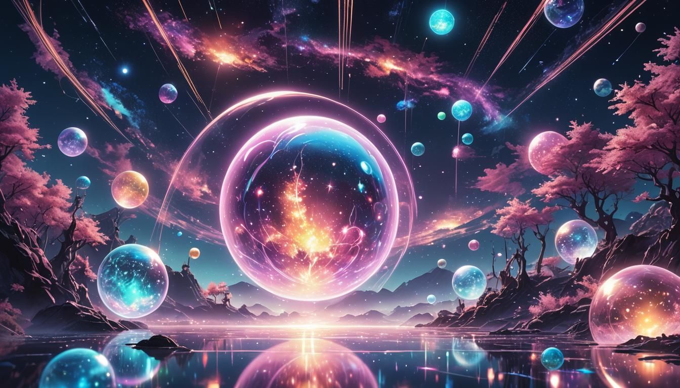 Iridescent Galaxy Orbs in Anime Key Visual Style