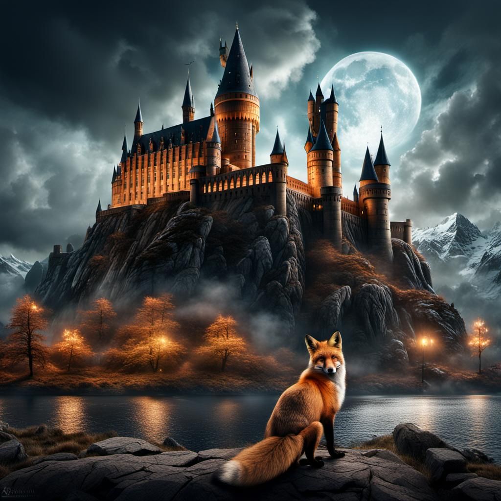 Red Fox in Front of Hogwarts Castle