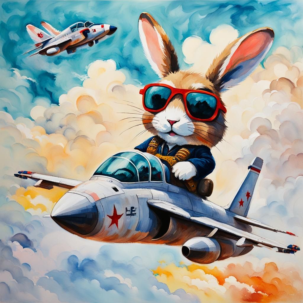 Fluffy Rabbit Pilot in Gouache Watercolor Style