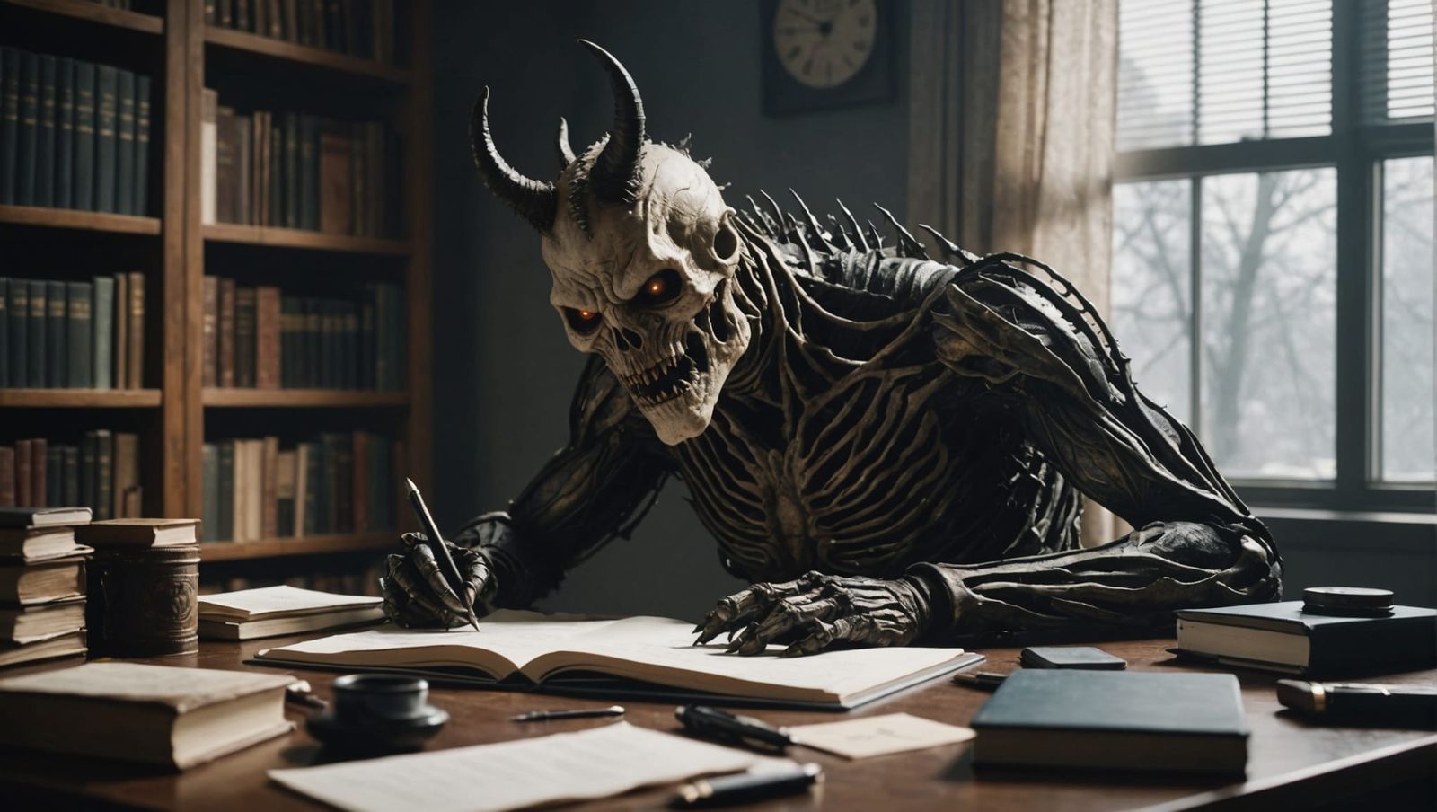 Nightmare Creature Writing Poetry at Desk