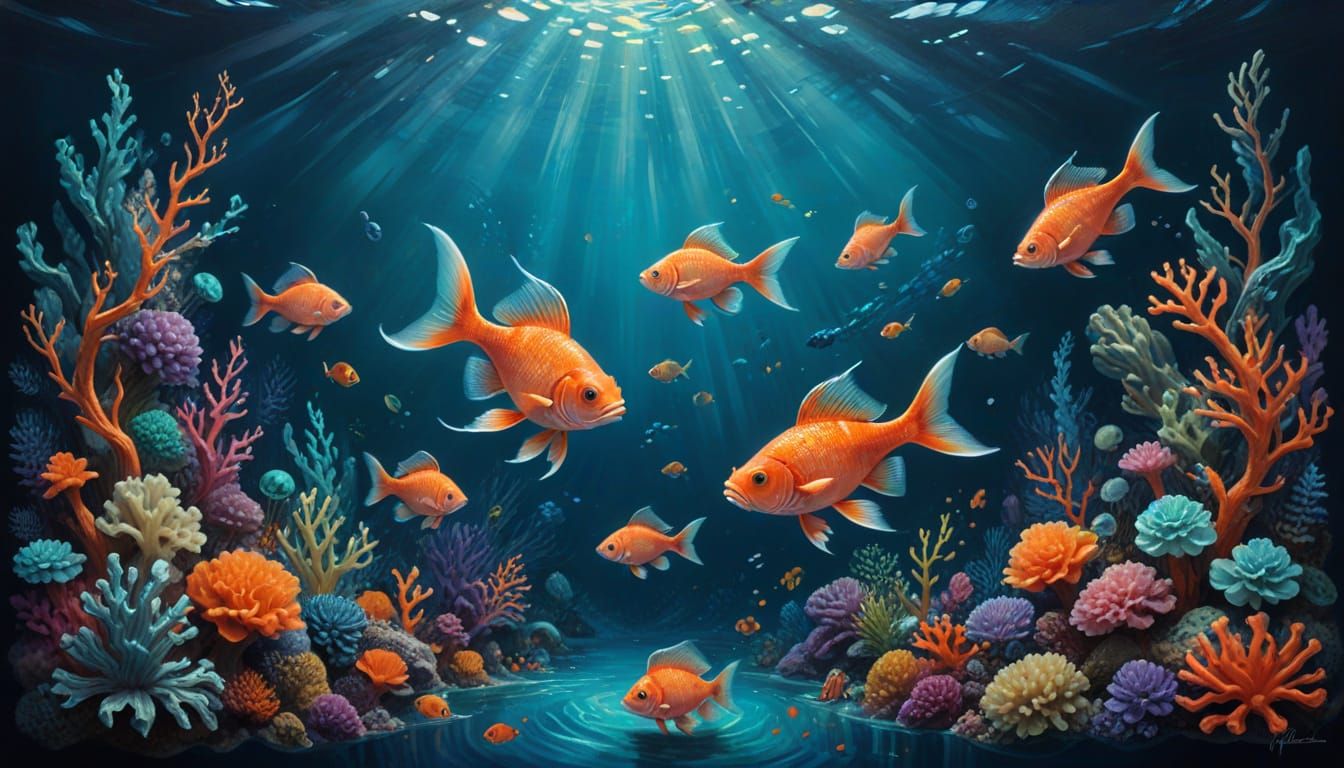 Vibrant Coral Reef with Luminous Fish in Painterly Style