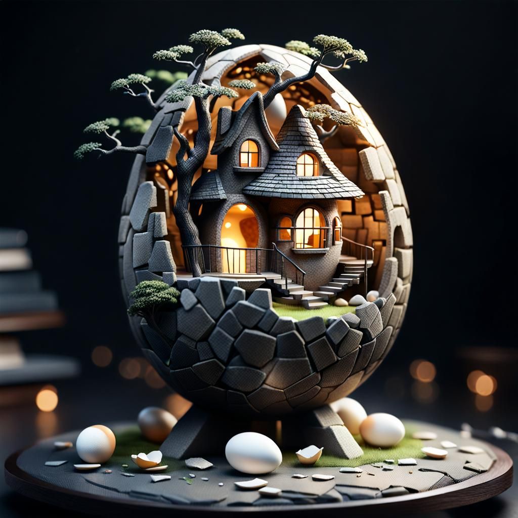 Stone Treehouse City Inside a Broken Egg