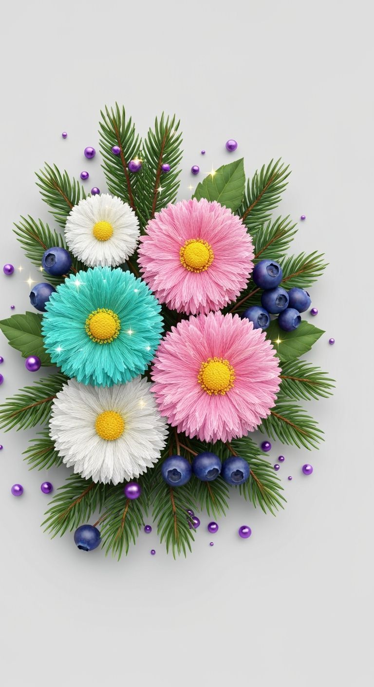 Pastel Floral Arrangement with Berries and Pine Needles