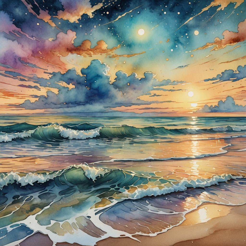Cosmic Seascape in Watercolor and Mixed Media