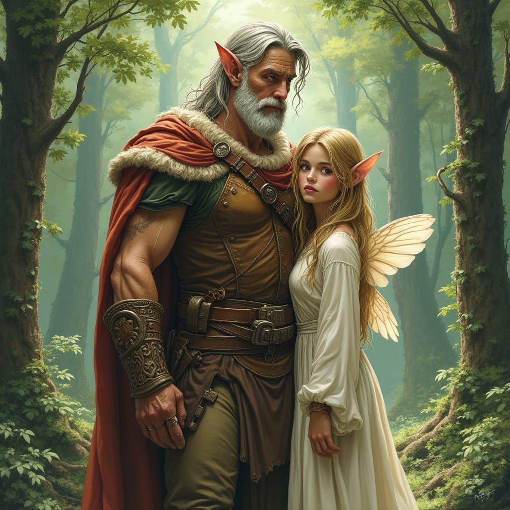 Dad is a hunk and small girl is an angel, realistic, both are elves
