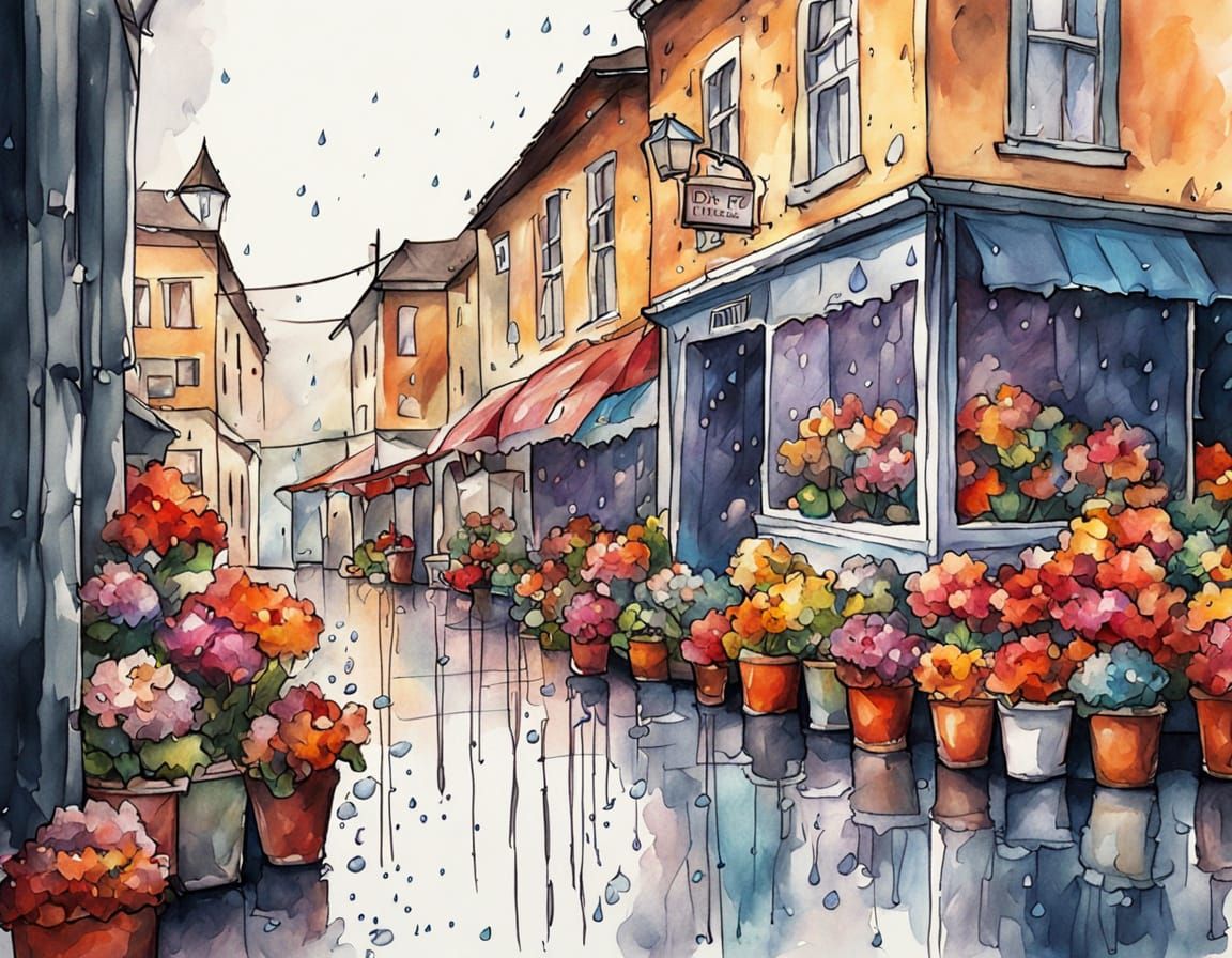 Rainy Day Florist Shop with Impasto Ink Accents