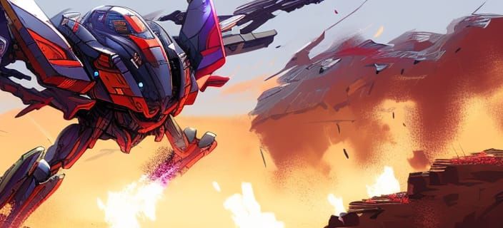 Anime Dragon Mecha Exosuit Battlemech on Desert Battlefield