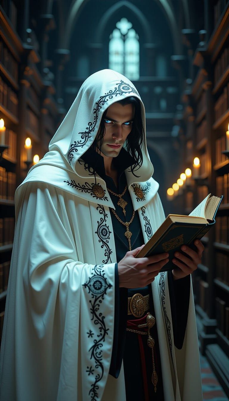 A sorrowful male vampire scholar, age 25, with flowing black...