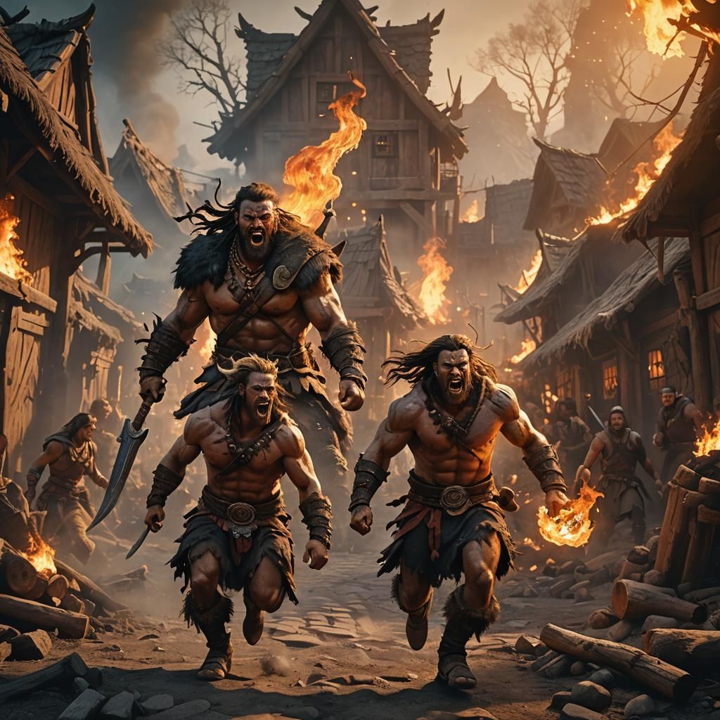 Barbarian Charges Through Burning Village: Fantasy Art