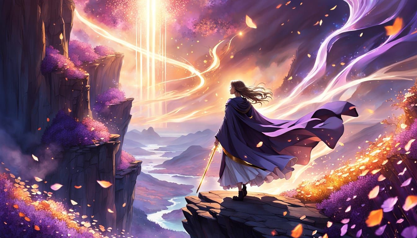 Anime Girl at Cliff Edge in Ethereal Light