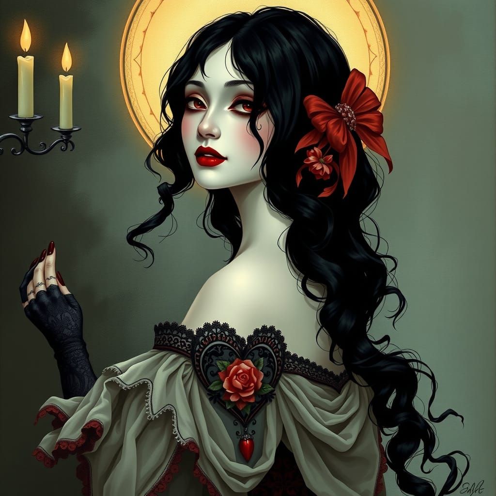 Pop-Surrealist Beauty in Victorian Elegance with Dark Whimsy