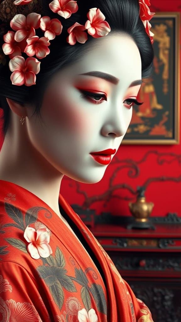Beautiful Geisha Portrait in Opulent Oriental Setting