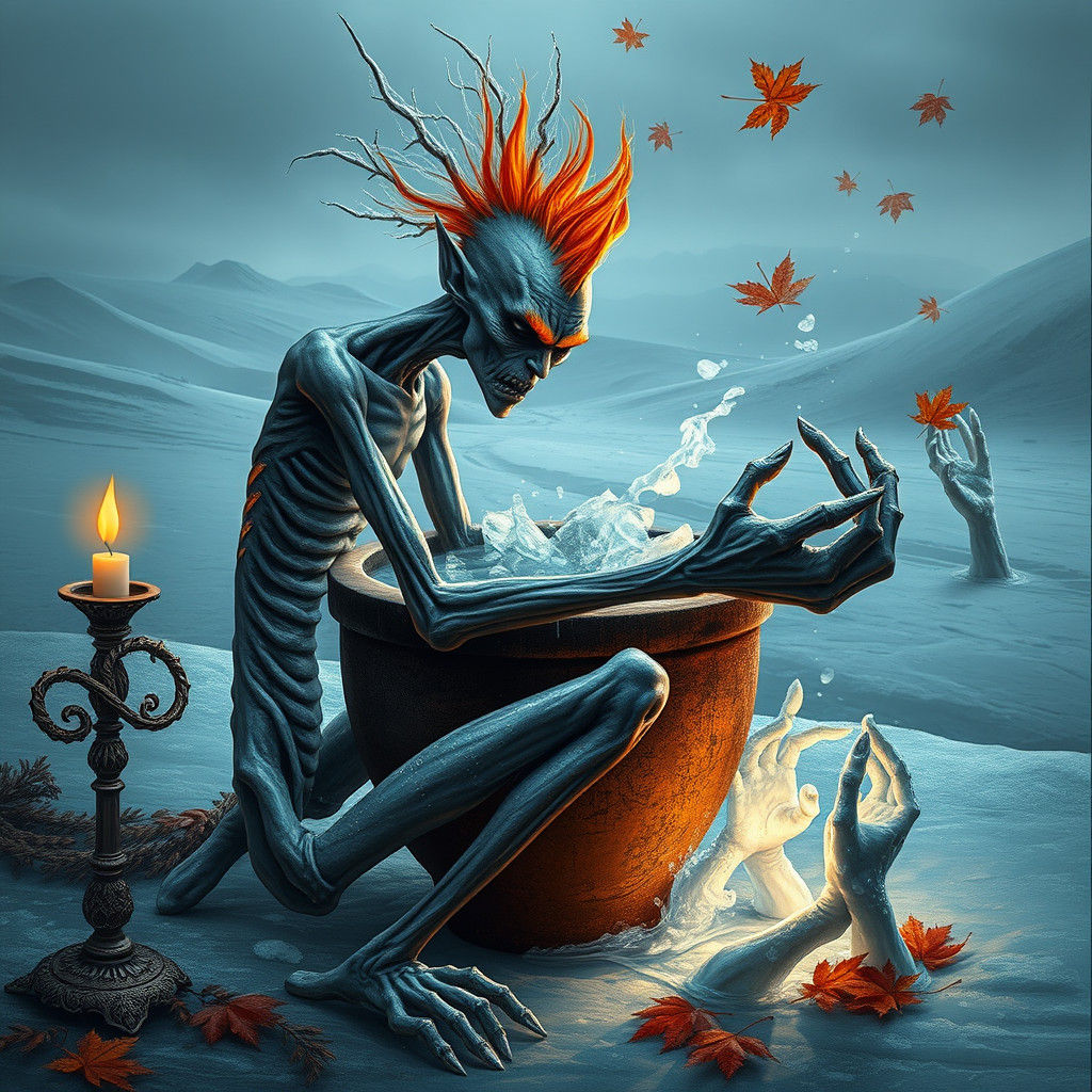 Emaciated Ice Demon in Agony Reaching for Boiling Water