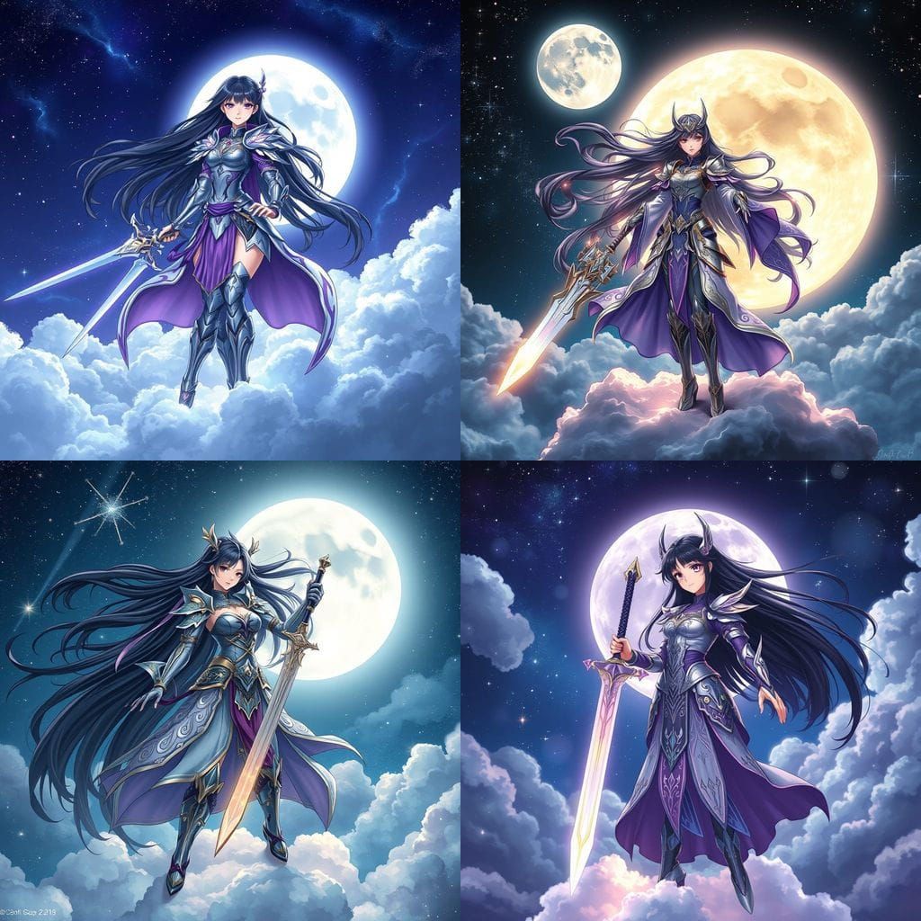 Celestial Warrior Girl in Starlit Sky, Anime Art
