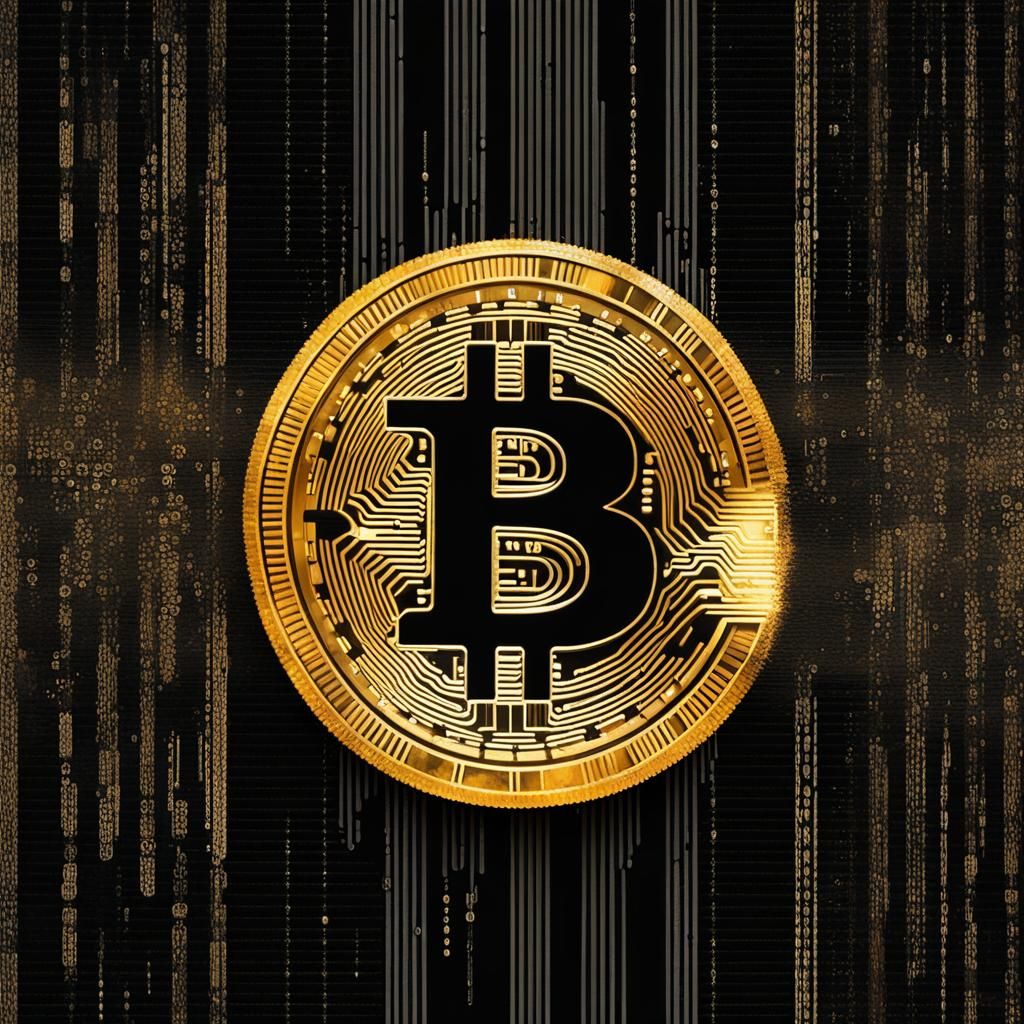 ascii art, matrix style ,high quality artisanal ascii art bitcoin logo with a blend of (ascii art:1.8) and (oil painting...