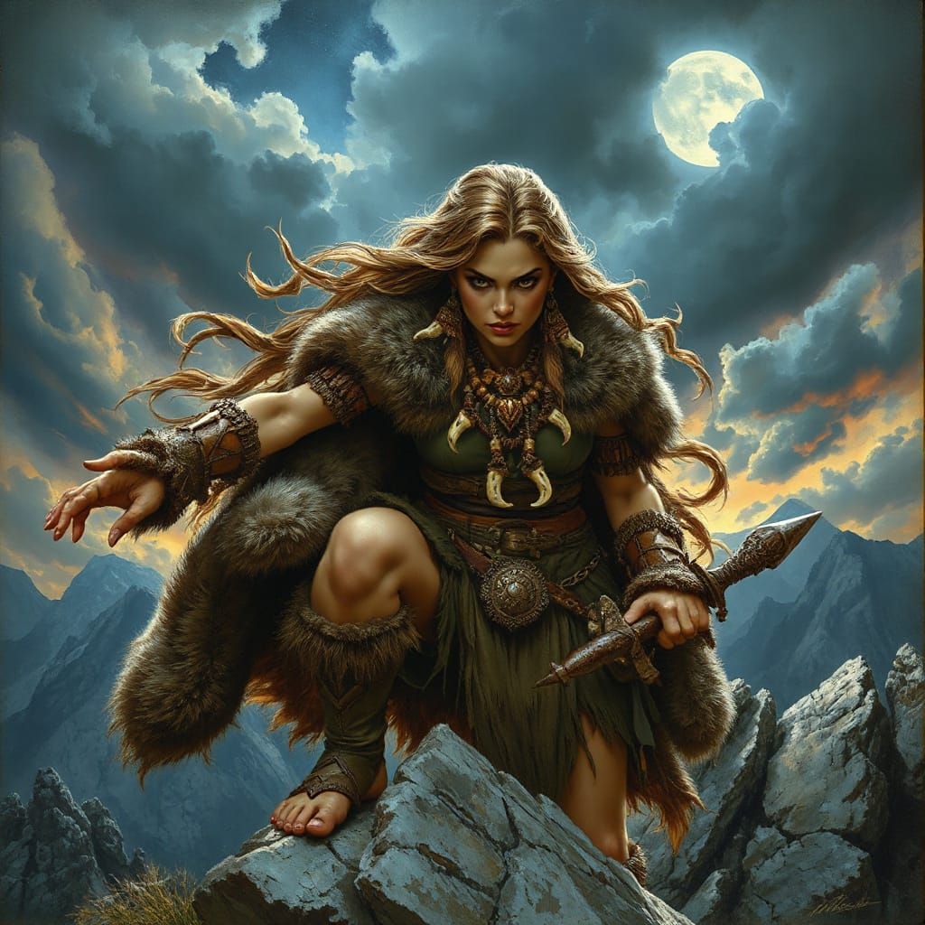 Barbarian Goddess on Mountain Peak in Epic Fantasy Style