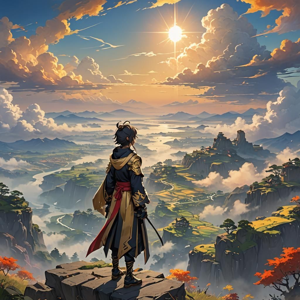 Anime Person Contemplates Horizon in Epic Landscape