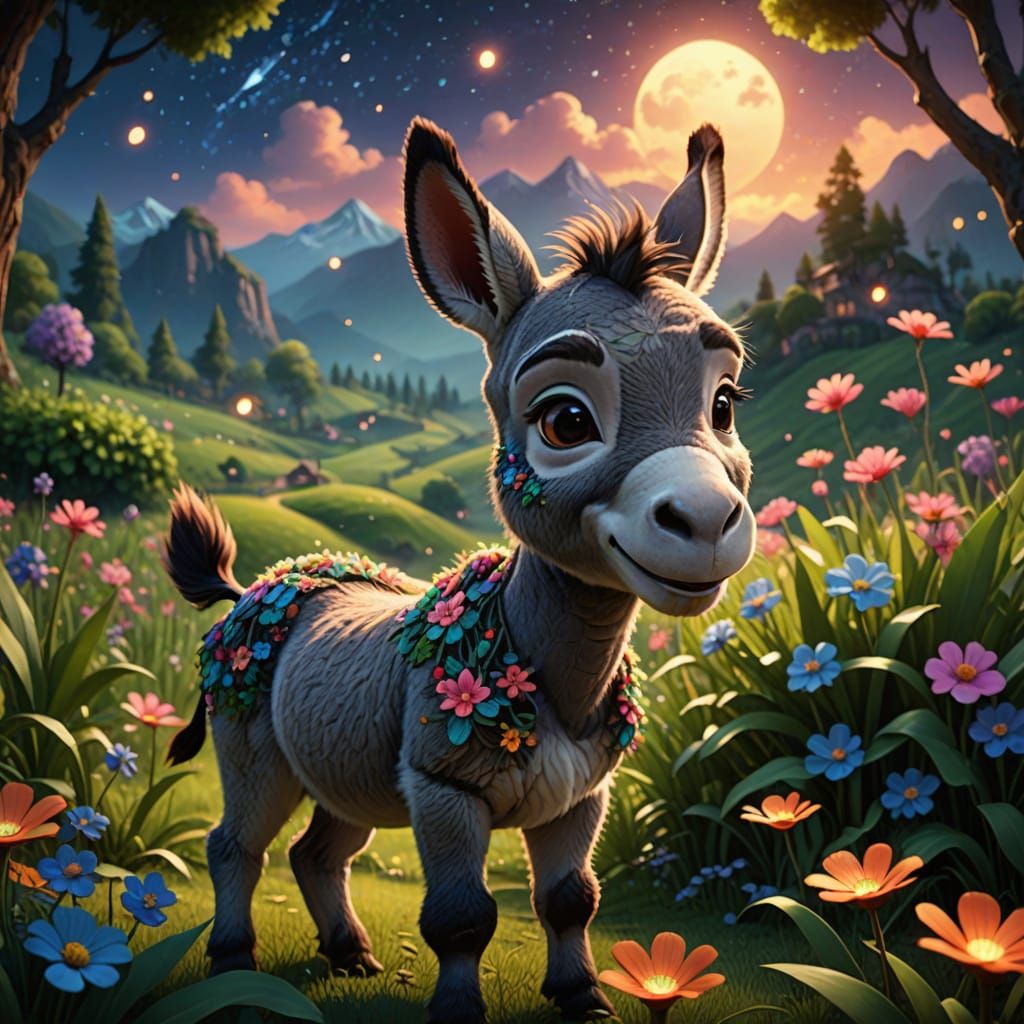 Cartoon baby donkey in a lush floral valley at night with a ...
