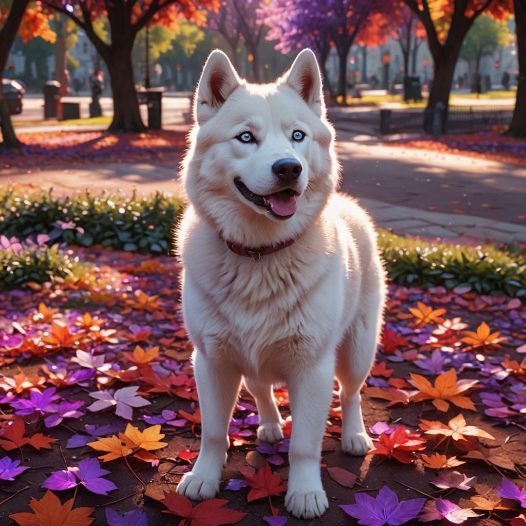 White Husky in Park with Glowing Sparkles: 3D Digital Art