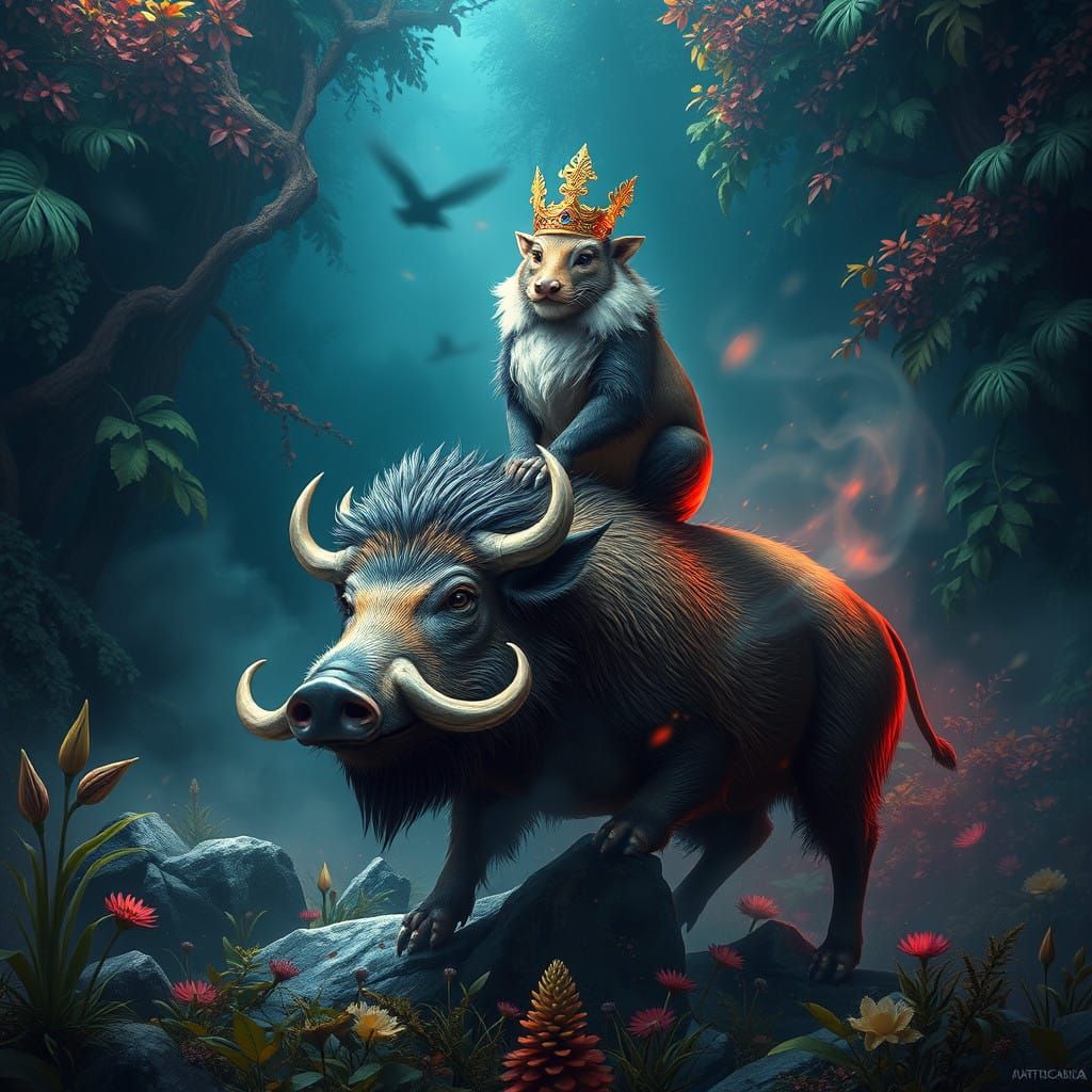 Regal Friend Sits Proudly on a Majestic Boar in a Vibrant Fa...