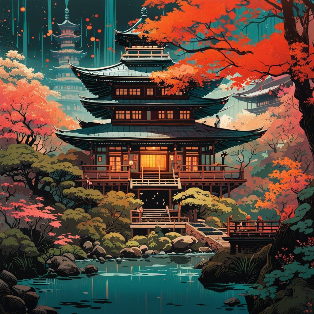 Intricate Japanese Garden Photography in Matte Style