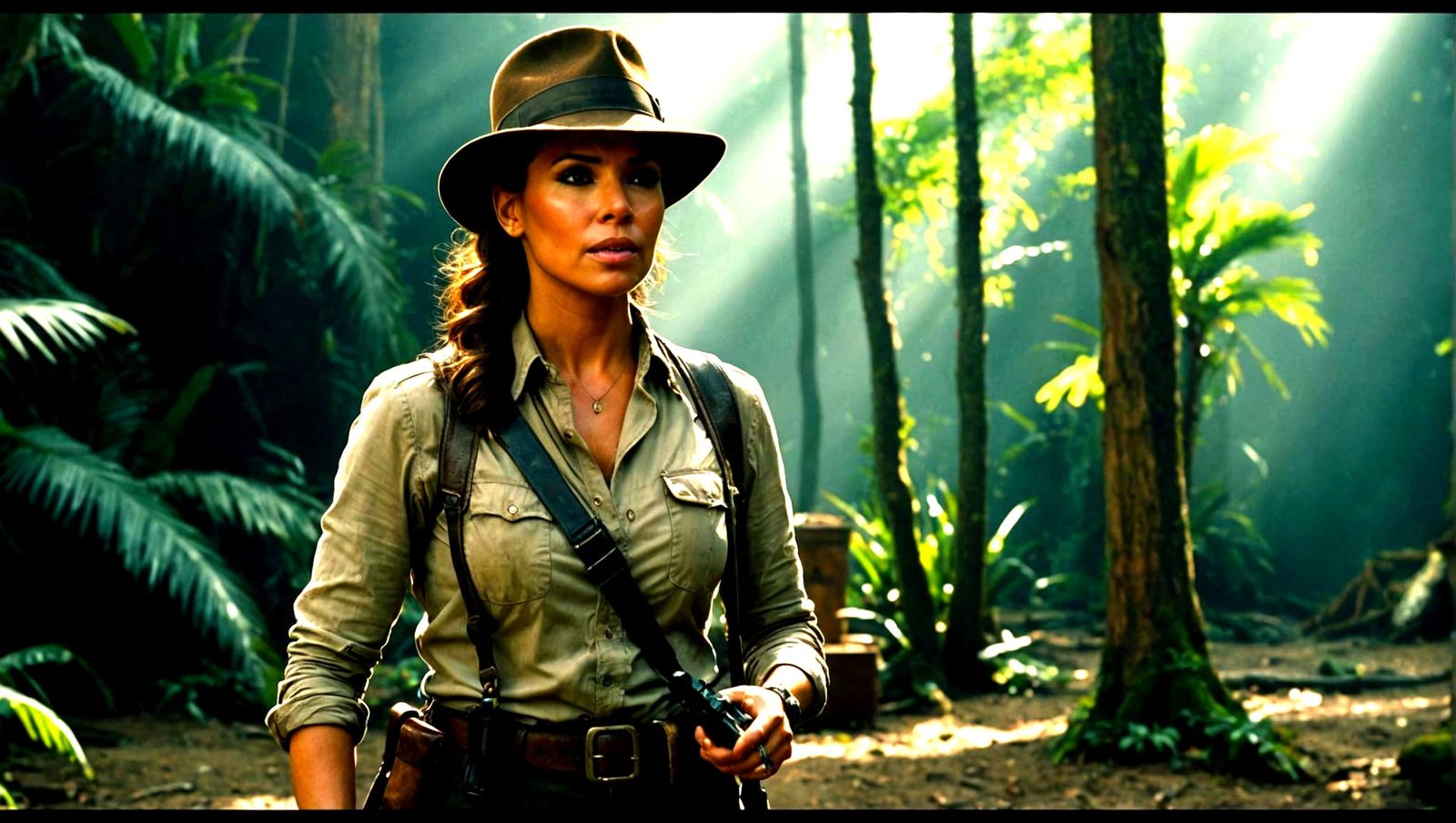 Woman as Indiana Jones in Cinematic Film Still