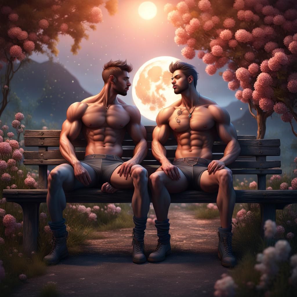 Muscular Men Kissing in a Fantastical Landscape