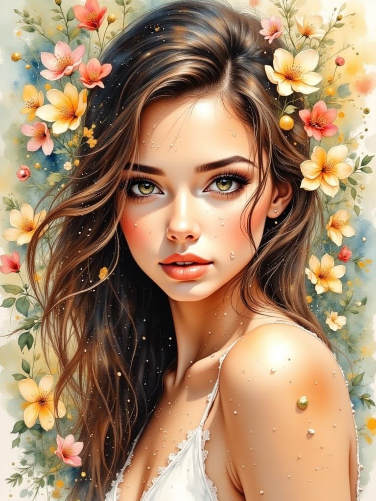 Elegant Watercolor Painting of a Woman with Sapphire Eyes