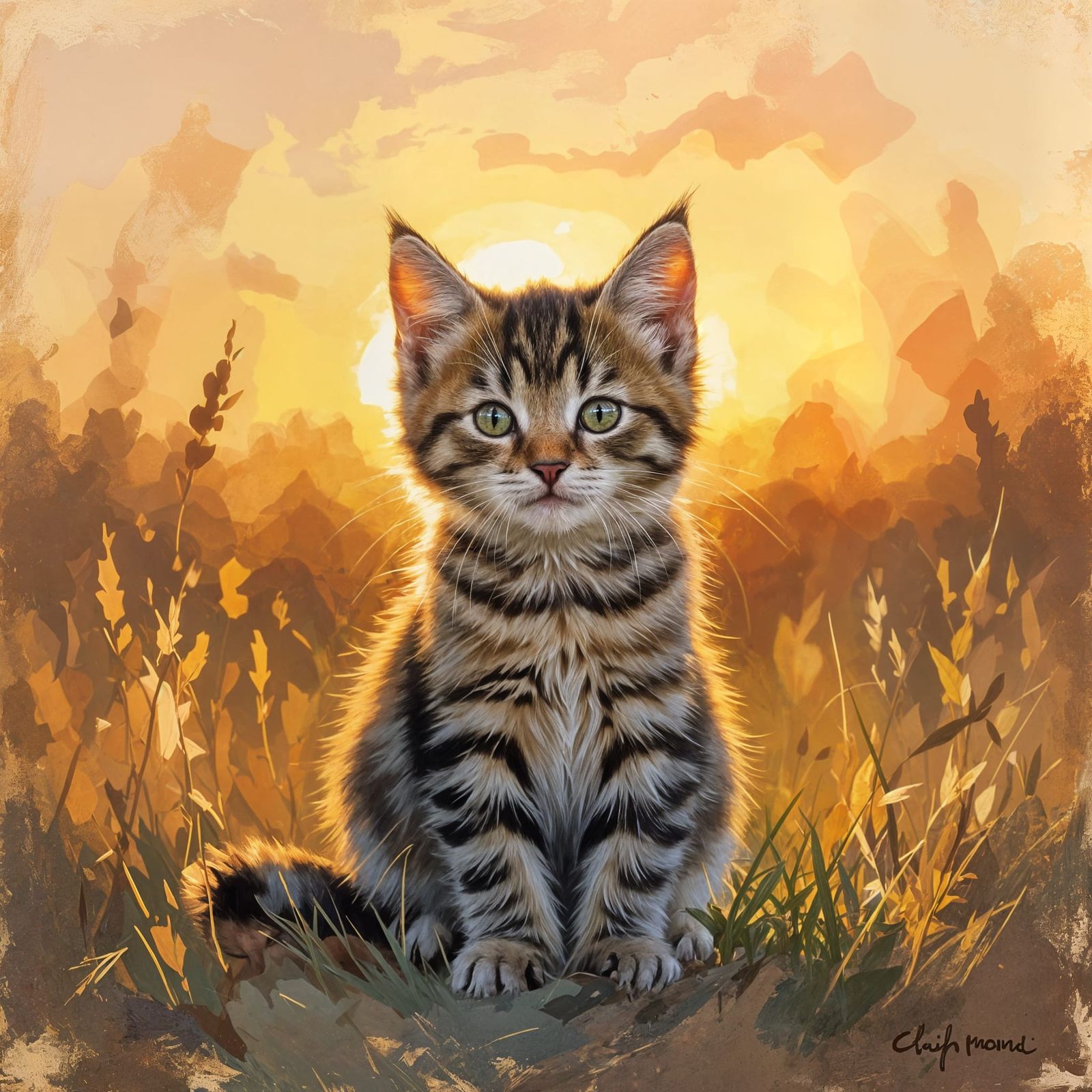 Kitten in Golden Hour Light, Impressionist Style
