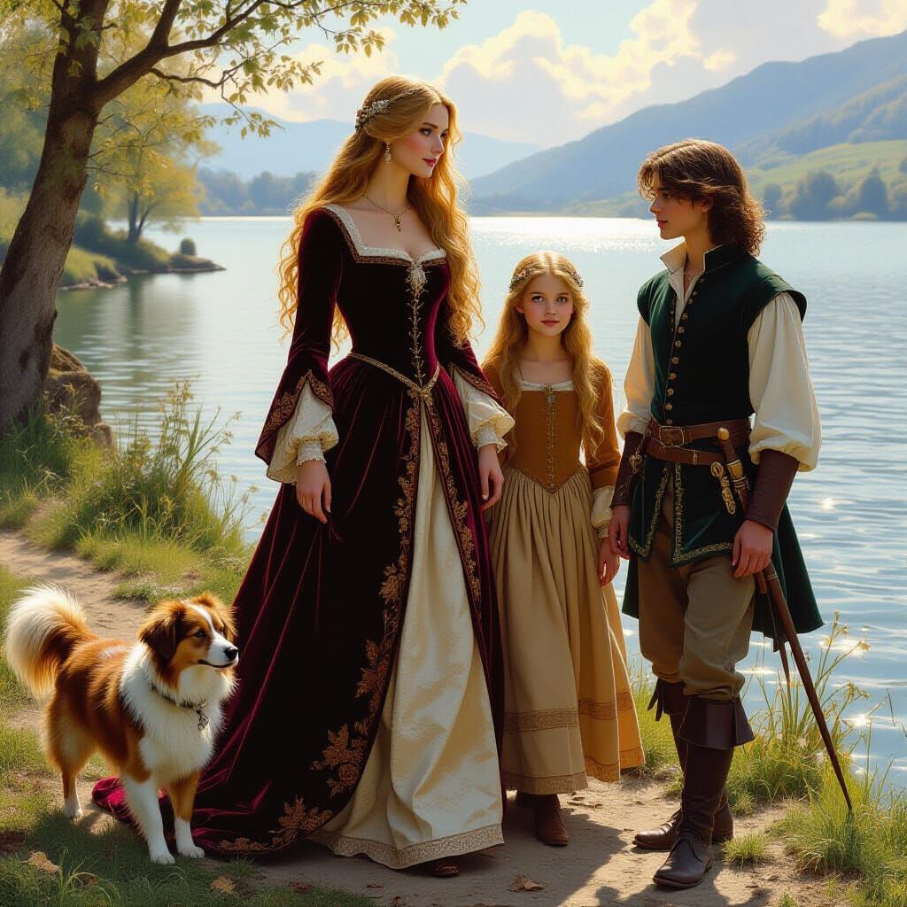 Medieval Noblewoman and Children by Lake, in Pre-Raphaelite ...