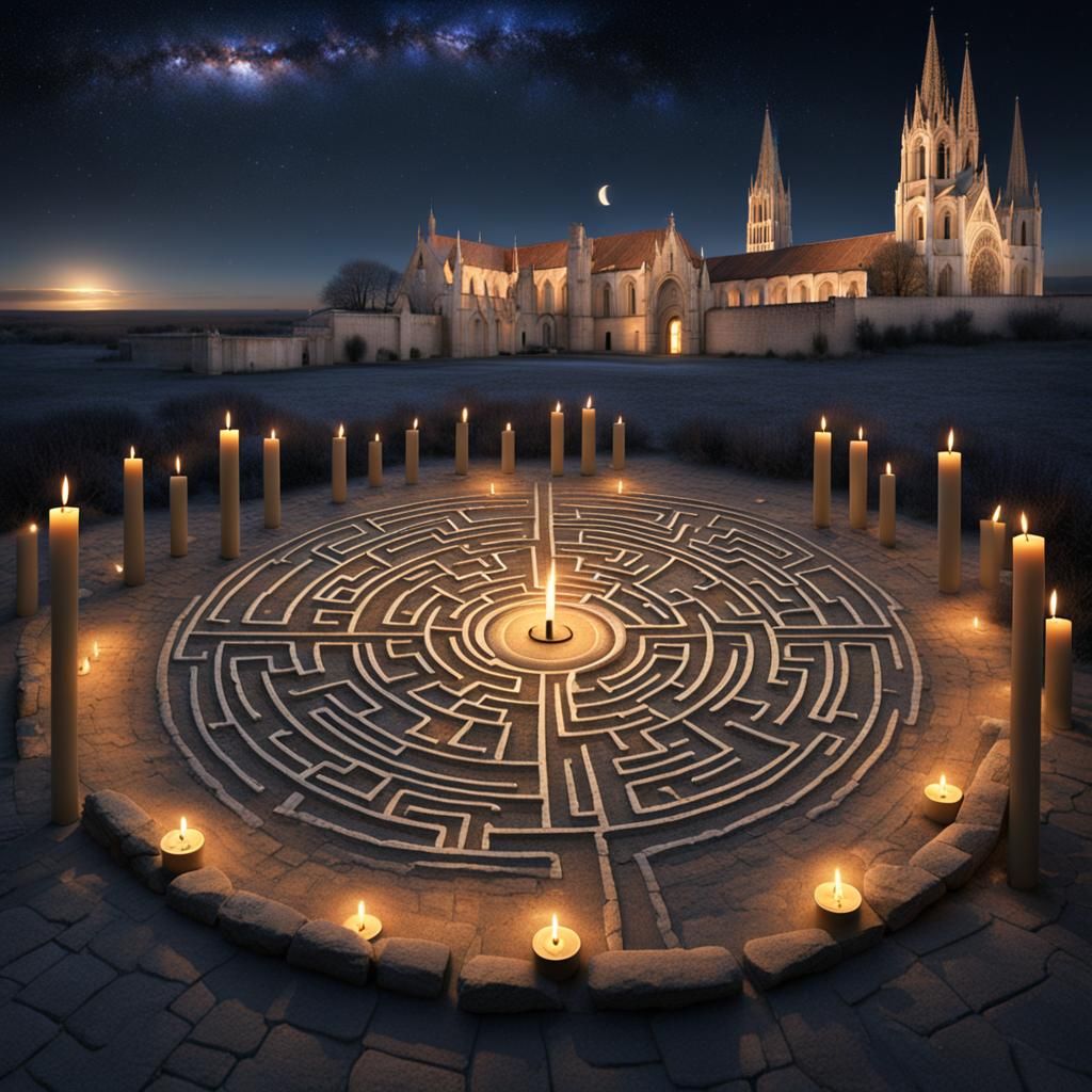 Chartres Labyrinth: Candles Under Shimmering Night Sky