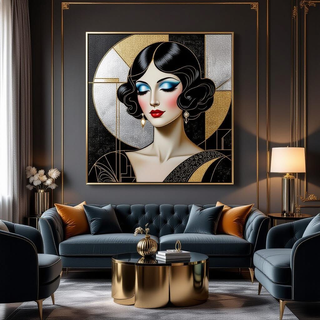 Art Deco Abstract Painting With Gold and Silver