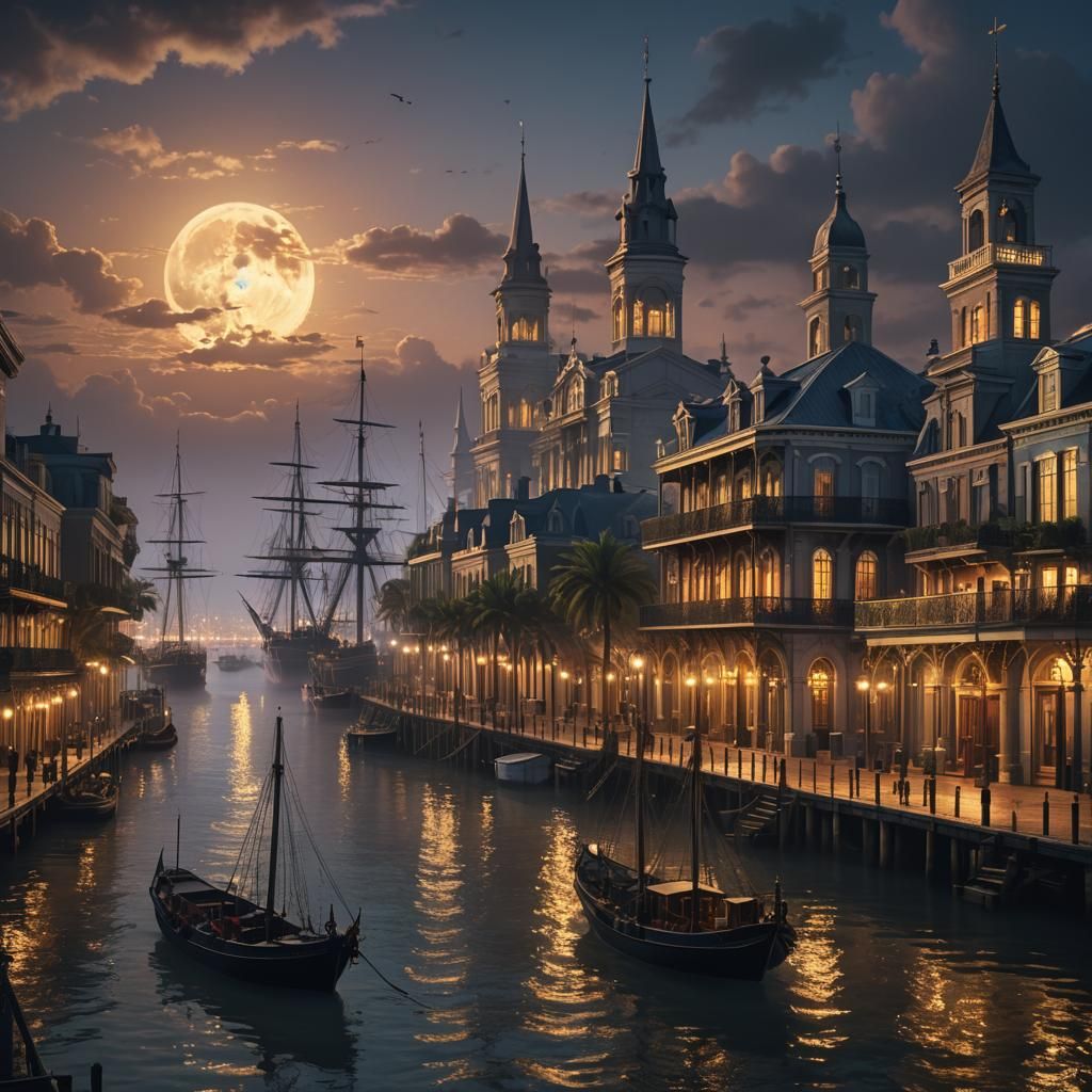 Moonlit New Orleans Port in Baroque Style