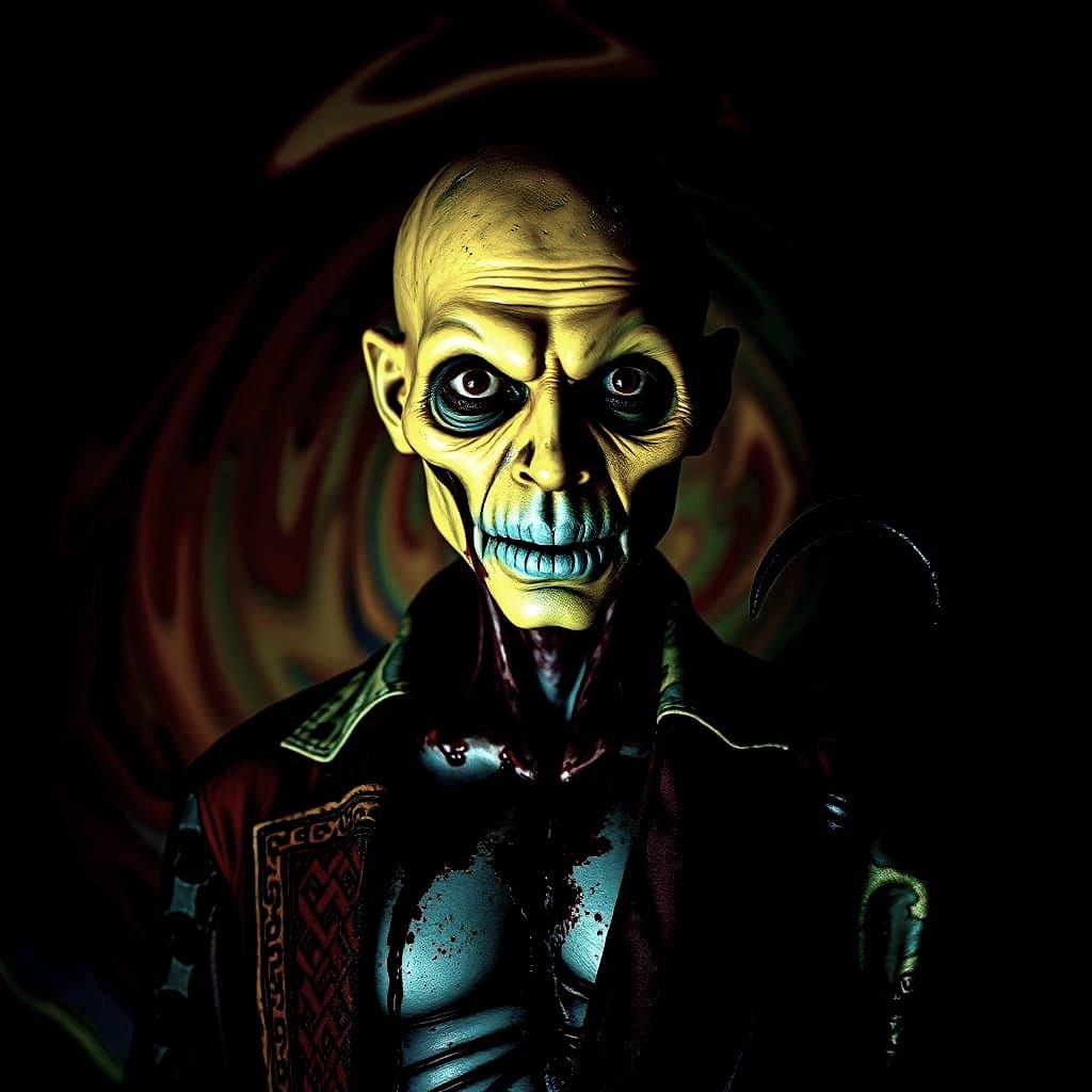 Sinister Figure in Gaudy, Patchwork Suit