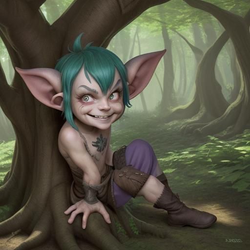 A mischievous imp with pointed ears and a sly grin, peeking out from behind a gnarled tree trunk in a sun-dappled forest...