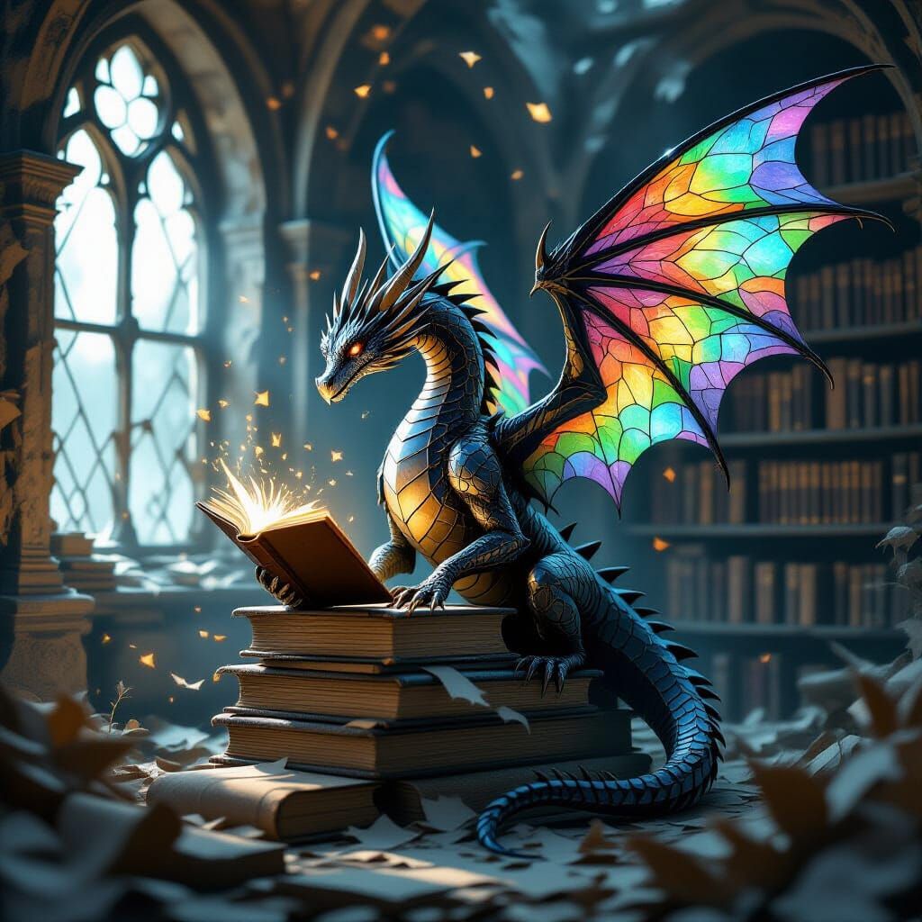 Obsidian Dragon with Stained-Glass Wings at Forgotten Librar...