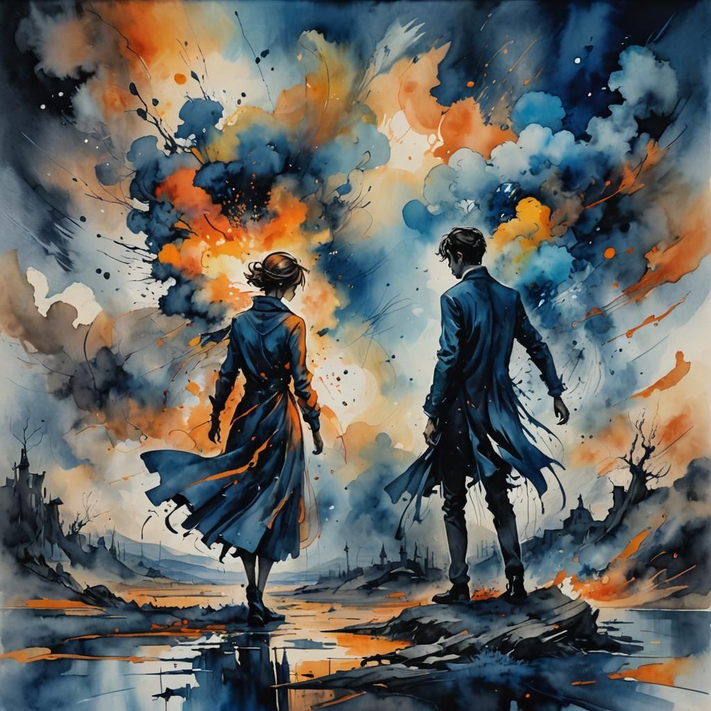 Fantasy Figure in Surreal Landscape with Ink Details