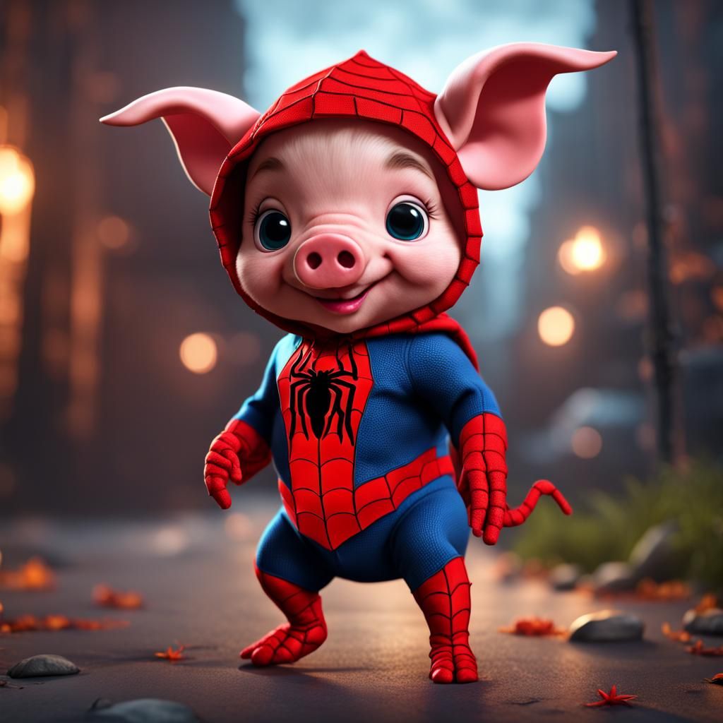 Piglet as Spiderman in Detailed Digital Painting