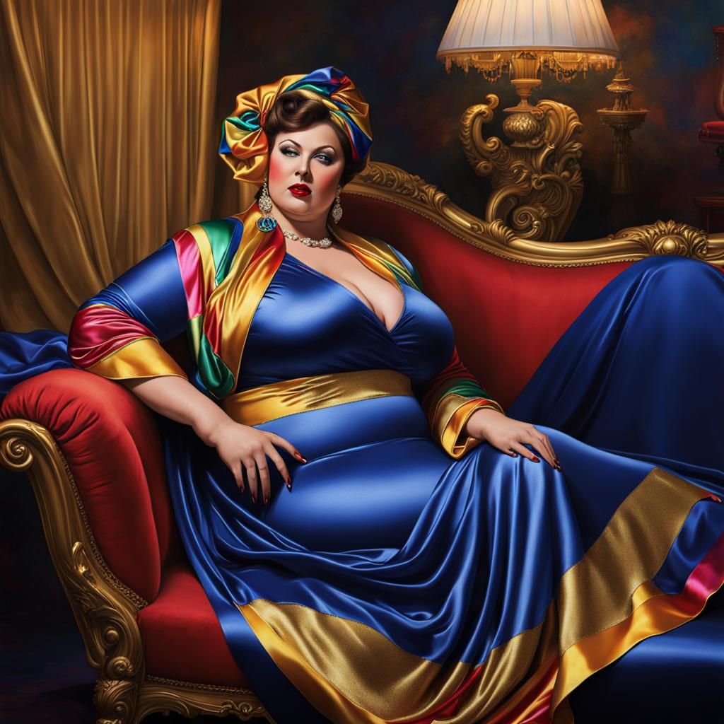 Realistic Artistic Sissy Satin Flamboyant Statuesque Glamorous Big Beautiful Woman BBW Woman relaxing supine on a Chaise...