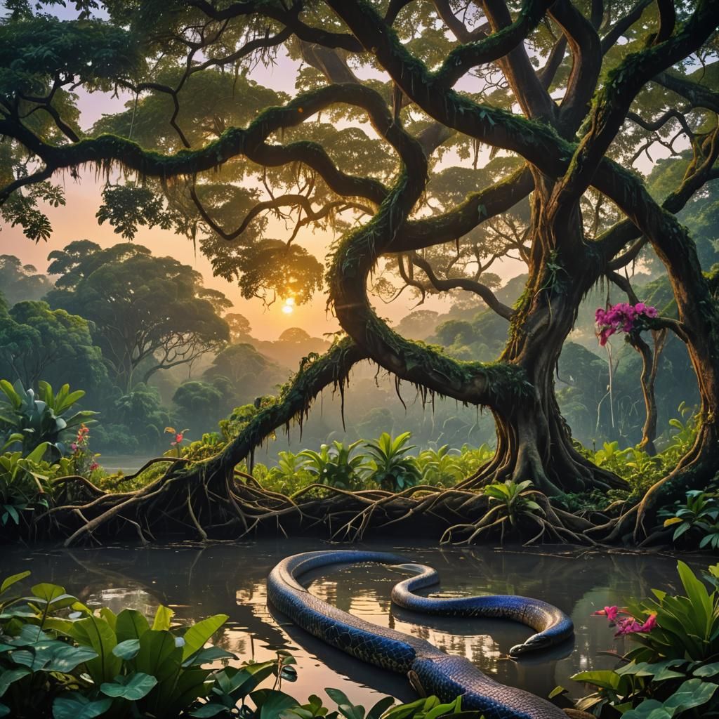 Amazon Jungle Dawn: Anaconda in Tree, Photorealistic Style