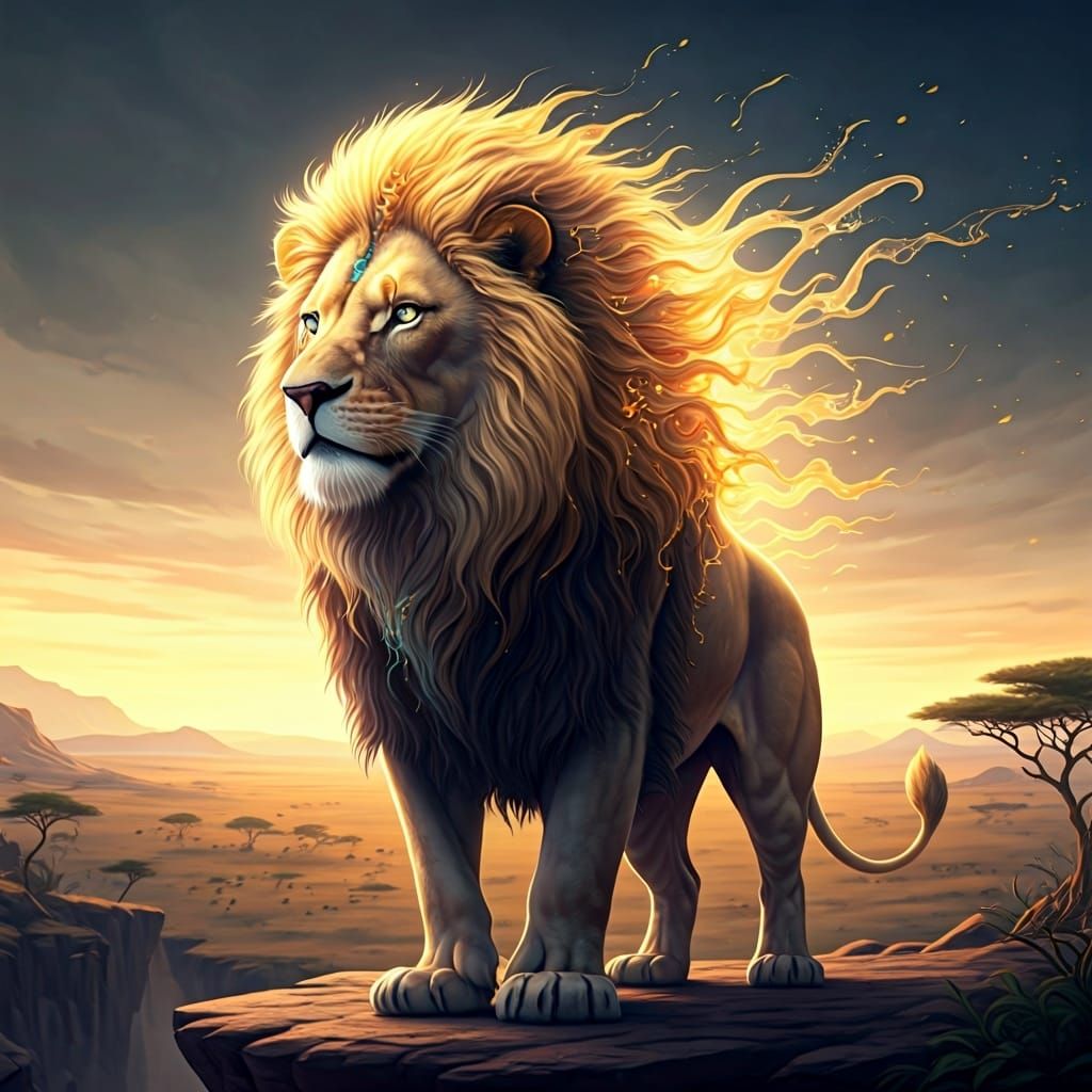Lion with Liquid Light Mane in Detailed Fantasy Art