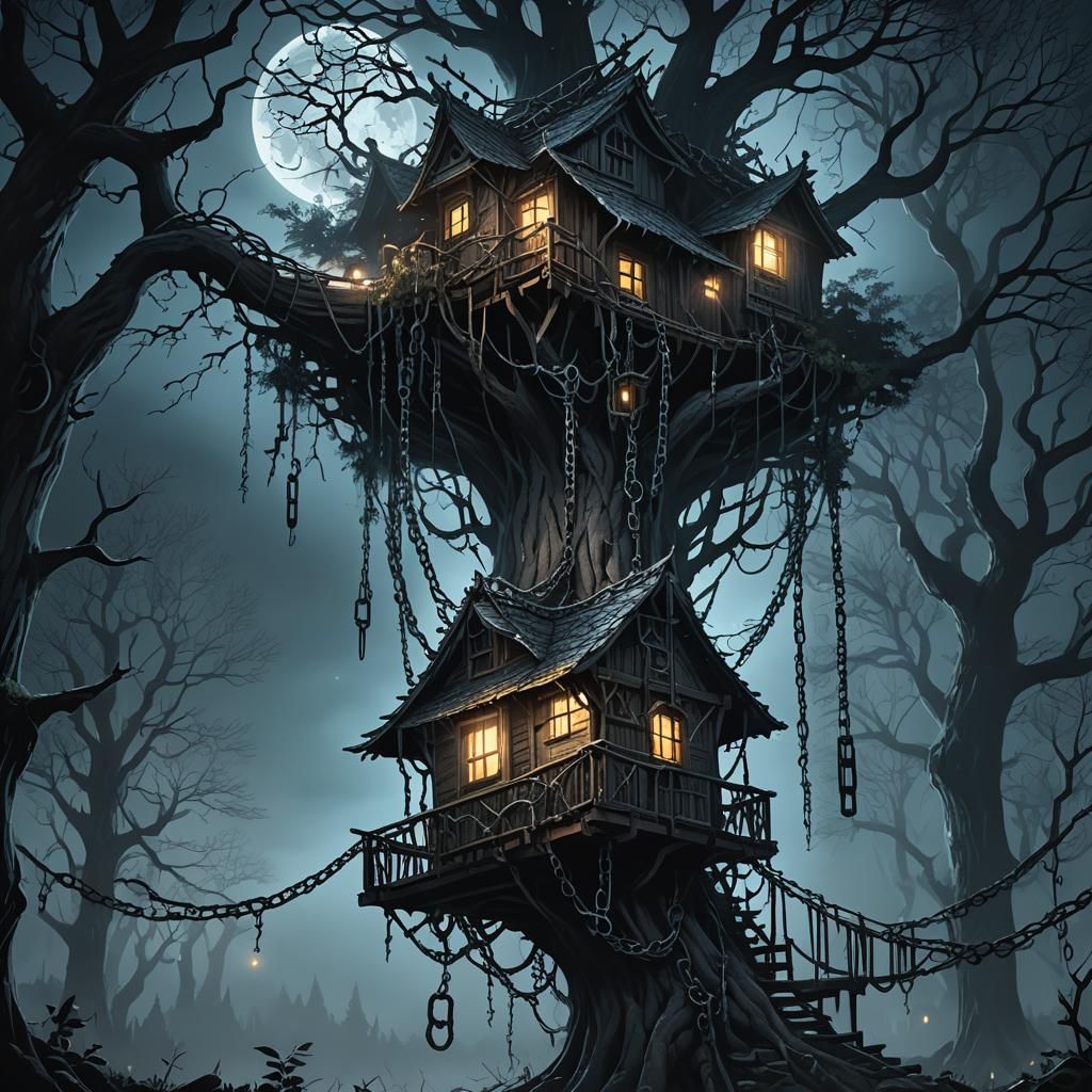 Dark Fantasy Treehouse in Haunted Forest at Night